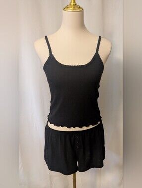 Open Edit Black Ribbed Lettuce-Edge Cami Tank Top